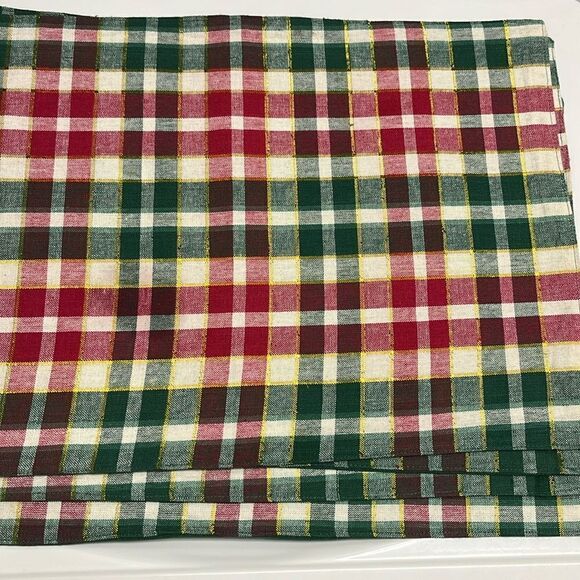Cotton Plaid Christmas Rectangular Placemats  Set of 4 Green Red Cream and Gold - Picture 1 of 5